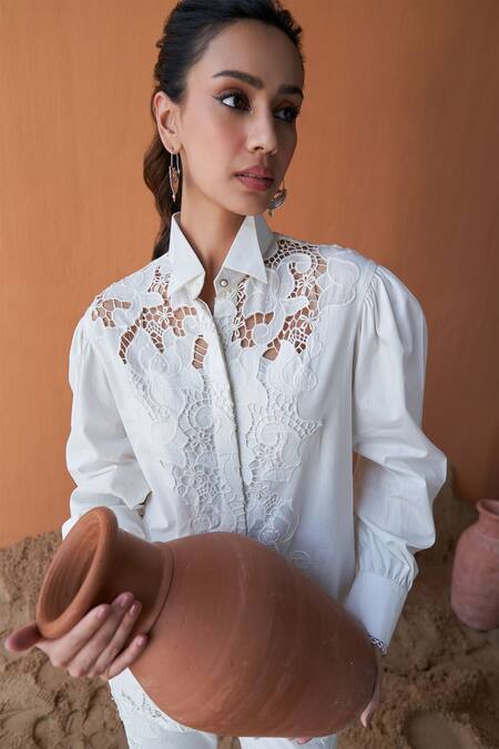 Buy Qala Clothing Ivory , Satin Embroidery Collared Schiffli Flora Shirt And Pant Set Online at Aza Fashions Buy_Qala Clothing_Ivory , Satin Embroidery Collared Schiffli Flora Shirt And Pant Set _Online_at_Aza_Fashions