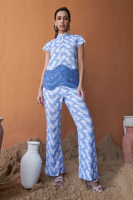 QALA CLOTHING Blue 100% Cotton Viviana Petunia Embroidered Top With Pant 