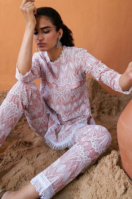 Shop Qala Clothing Pink Cotton Embroidery Round Neck Kira Schiffli Bloom Swirl Top With Pant at Aza Fashions Shop_Qala Clothing_Pink Cotton Embroidery Round Neck Kira Schiffli Bloom Swirl Top With Pant_at_Aza_Fashions