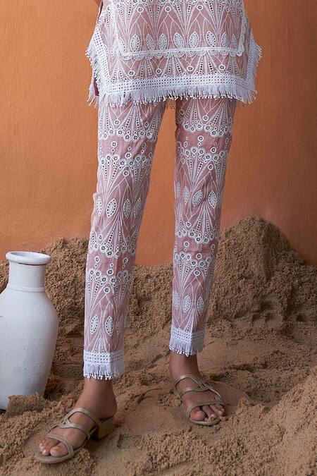 Qala Clothing Pink Cotton Embroidery Round Neck Kira Schiffli Bloom Swirl Top With Pant Online at Aza Fashions Qala Clothing_Pink Cotton Embroidery Round Neck Kira Schiffli Bloom Swirl Top With Pant_Online_at_Aza_Fashions