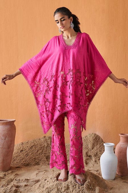 QALA CLOTHING Pink 100% Cotton Flora V Neck Serena Kaftan Top With Pant 