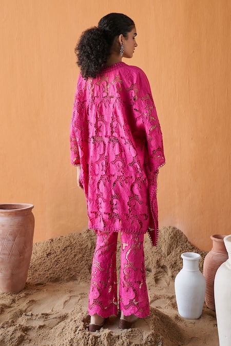 Shop Qala Clothing Pink Cotton Embroidery V-neck Serena Schiffli Kaftan Top With Pant at Aza Fashions Shop_Qala Clothing_Pink Cotton Embroidery V-neck Serena Schiffli Kaftan Top With Pant _at_Aza_Fashions