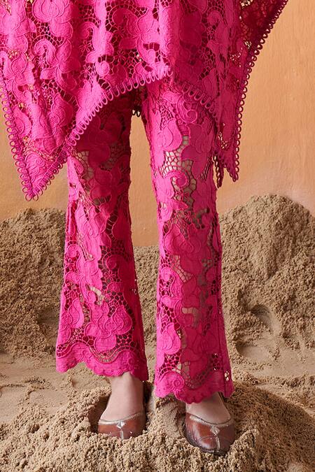 Qala Clothing Pink Cotton Embroidery V-neck Serena Schiffli Kaftan Top With Pant Online at Aza Fashions Qala Clothing_Pink Cotton Embroidery V-neck Serena Schiffli Kaftan Top With Pant _Online_at_Aza_Fashions