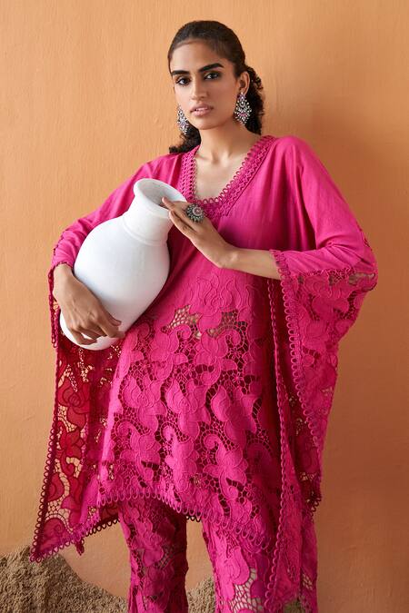 Buy Qala Clothing Pink Cotton Embroidery V-neck Serena Schiffli Kaftan Top With Pant Online at Aza Fashions Buy_Qala Clothing_Pink Cotton Embroidery V-neck Serena Schiffli Kaftan Top With Pant _Online_at_Aza_Fashions