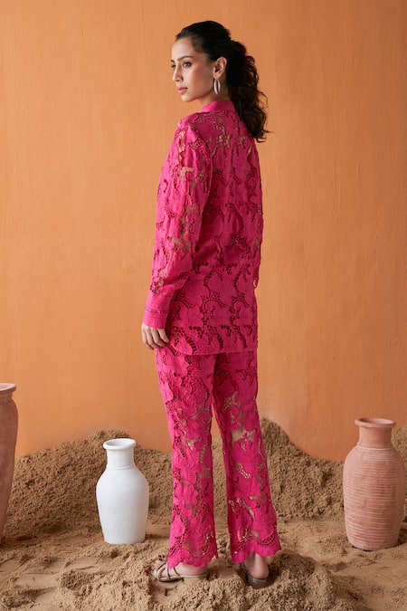 Qala Clothing Fuchsia Pink Schiffli Floral Shirt & Pant Set 