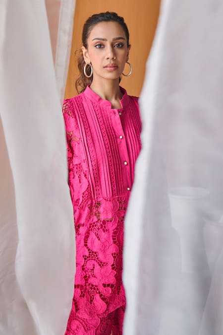 Buy_Qala Clothing_Pink Cotton Embroidery Mandarin Collar Fuchsia Schiffli Floral Shirt And Pant Set _Online_at_Aza_Fashions