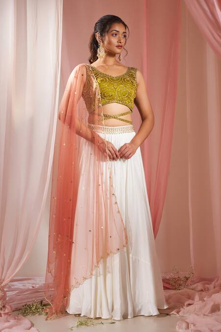 Krina Patel_White Silk, Net, Linen, Satin Waistband Embroidered Pleated Lehenga Blouse Set_Online_at_Aza_Fashions