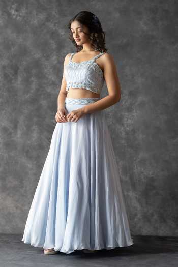 Krina Patel_Blue Silk, Organza Embroidery, Sequins, Cut Geometric Waistband Lehenga Set_Online_at_Aza_Fashions