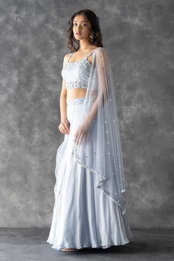 Buy_Krina Patel_Blue Silk, Organza Embroidery, Sequins, Cut Geometric Waistband Lehenga Set_Online_at_Aza_Fashions