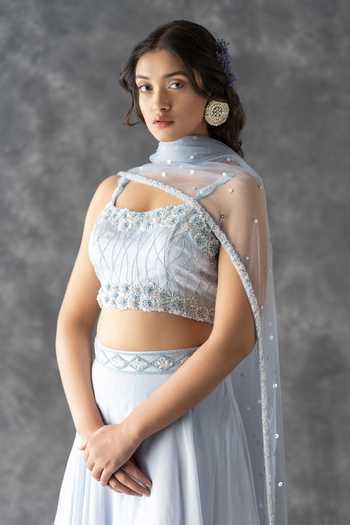Shop_Krina Patel_Blue Silk, Organza Embroidery, Sequins, Cut Geometric Waistband Lehenga Set_Online_at_Aza_Fashions