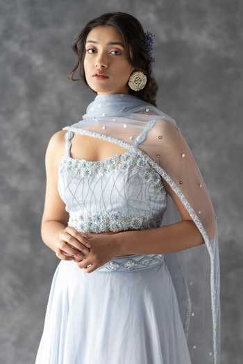 Krina Patel_Blue Silk, Organza Embroidery, Sequins, Cut Geometric Waistband Lehenga Set_at_Aza_Fashions