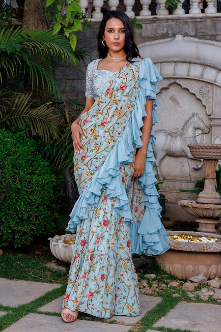 LEAFY GREEN RUFFLE SAREE – House Of Jamoti