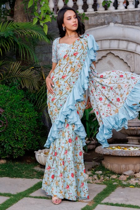 Suruchi Parakh_Blue Georgette, Organza Embroidery, Beads Sweetheart Ruffle Saree With Blouse _Online_at_Aza_Fashions