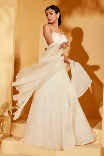 Suruchi Parakh Off White Organza Embroidery, Sequins Sweetheart Lehenga Set With Ruffle Dupatta Online at Aza Fashions Suruchi Parakh_Off White Organza Embroidery, Sequins Sweetheart Lehenga Set With Ruffle Dupatta _Online_at_Aza_Fashions