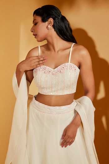 Shop Suruchi Parakh Off White Organza Embroidery, Sequins Sweetheart Lehenga Set With Ruffle Dupatta Online at Aza Fashions Shop_Suruchi Parakh_Off White Organza Embroidery, Sequins Sweetheart Lehenga Set With Ruffle Dupatta _Online_at_Aza_Fashions