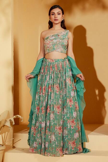 Suruchi Parakh_Green Georgette, Organza Embroidery, Zari Asymmetric Zardozi Work Lehenga Set _Online_at_Aza_Fashions