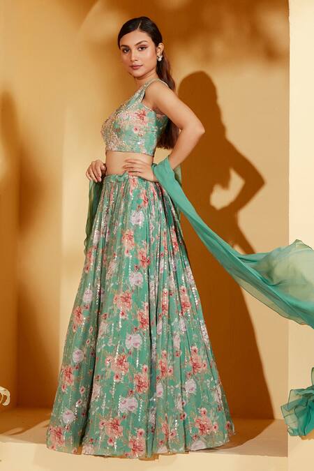 Buy_Suruchi Parakh_Green Georgette, Organza Embroidery, Zari Asymmetric Zardozi Work Lehenga Set _Online_at_Aza_Fashions