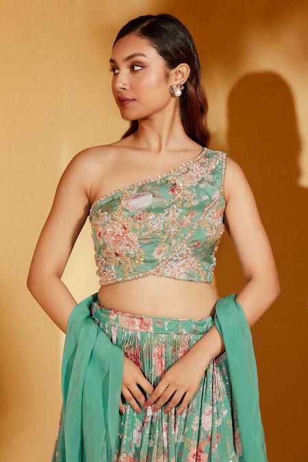 Shop_Suruchi Parakh_Green Georgette, Organza Embroidery, Zari Asymmetric Zardozi Work Lehenga Set _Online_at_Aza_Fashions