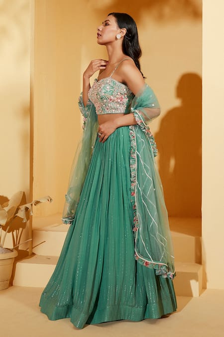 Suruchi Parakh_Green Georgette, Organza Zari, Embroidery, Sequins Striped Lehenga Set _Online_at_Aza_Fashions