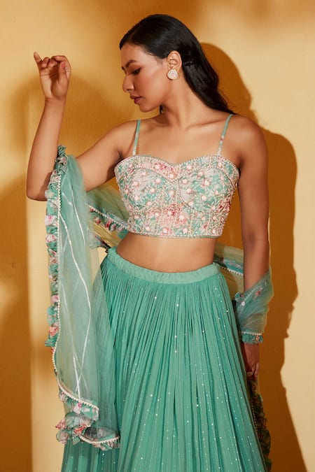 Suruchi Parakh_Green Georgette, Organza Zari, Embroidery, Sequins Striped Lehenga Set _at_Aza_Fashions