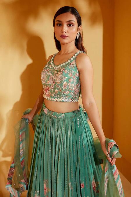 Buy_Suruchi Parakh_Green Georgette, Organza Mirrors V-neck Floral Pattern Lehenga Set _Online_at_Aza_Fashions