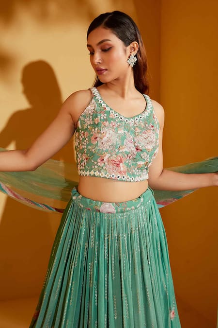 Shop_Suruchi Parakh_Green Georgette, Organza Mirrors V-neck Floral Pattern Lehenga Set _Online_at_Aza_Fashions