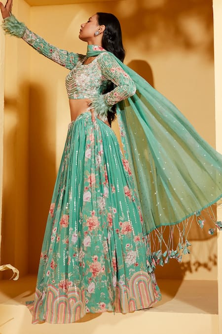 Suruchi Parakh_Green Georgette, Organza Cut Work, Floral Pattern And Embroidered Lehenga Set _Online_at_Aza_Fashions