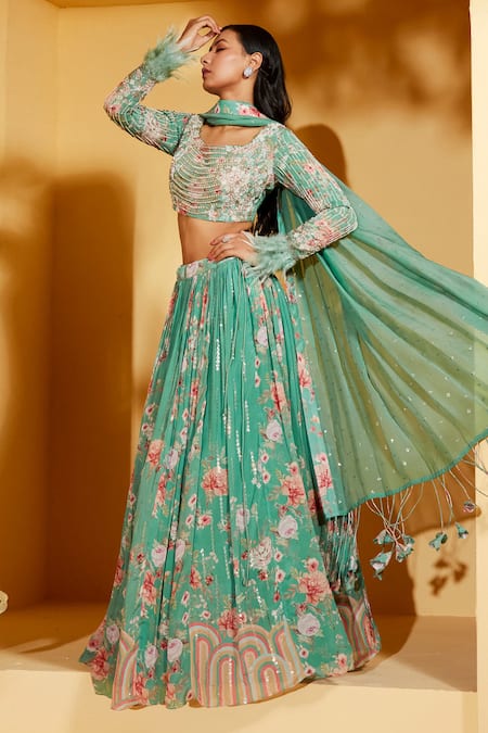 Buy_Suruchi Parakh_Green Georgette, Organza Cut Work, Floral Pattern And Embroidered Lehenga Set _Online_at_Aza_Fashions