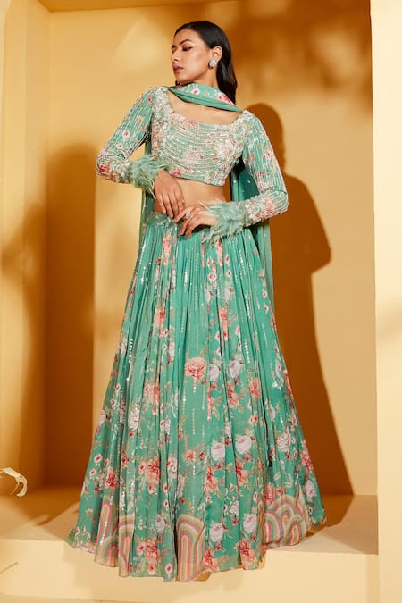 Shop_Suruchi Parakh_Green Georgette, Organza Cut Work, Floral Pattern And Embroidered Lehenga Set _Online_at_Aza_Fashions