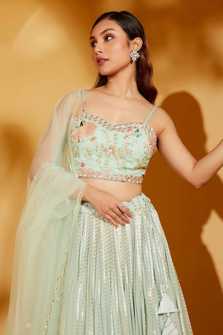 Buy_Suruchi Parakh_Green Net, Georgette Sequins Sweetheart Neck Striped Lehenga Set _Online_at_Aza_Fashions