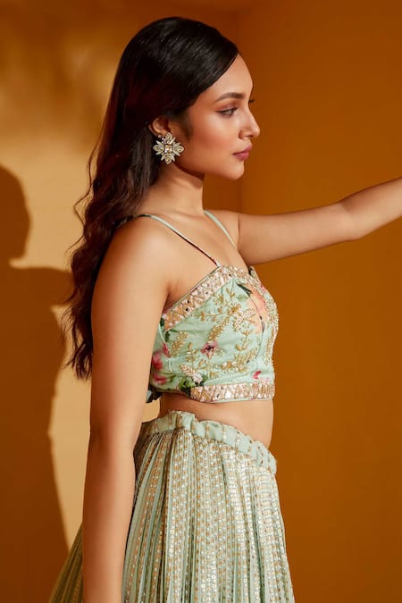 Shop_Suruchi Parakh_Green Net, Georgette Sequins Sweetheart Neck Striped Lehenga Set _Online_at_Aza_Fashions