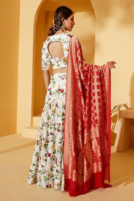 Shop Suruchi Parakh White Georgette, Tussar Beads, Cut Work Asymmetric Flower Pattern Lehenga Set at Aza Fashions Shop_Suruchi Parakh_White Georgette, Tussar Beads, Cut Work Asymmetric Flower Pattern Lehenga Set _at_Aza_Fashions