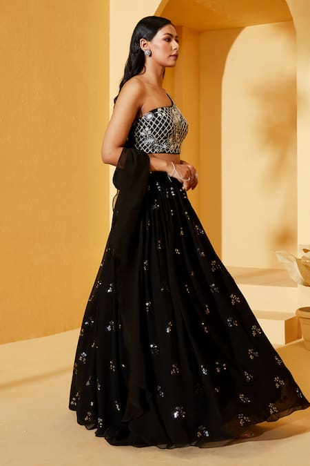 Suruchi Parakh_Black Organza, Georgette Embroidery Asymmetric Metallic Lehenga Set _Online_at_Aza_Fashions