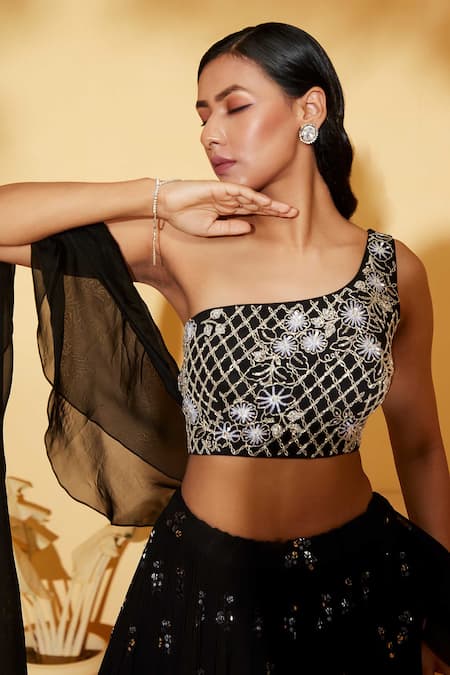 Suruchi Parakh_Black Organza, Georgette Embroidery Asymmetric Metallic Lehenga Set _at_Aza_Fashions