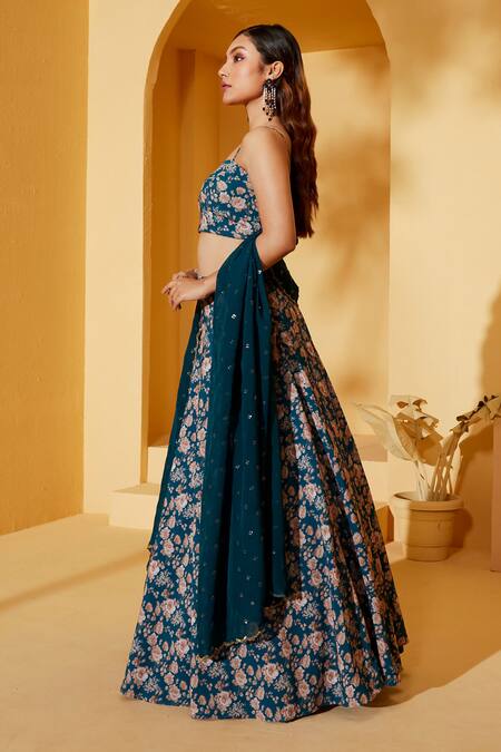 Suruchi Parakh_Blue Georgette, Satin, Organza Sequins Sweetheart Floret Pattern Lehenga Set _Online_at_Aza_Fashions