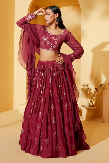 Suruchi Parakh_Maroon Organza, Georgette Embroidery V-neck Leaf Pattern Lehenga Set _Online_at_Aza_Fashions