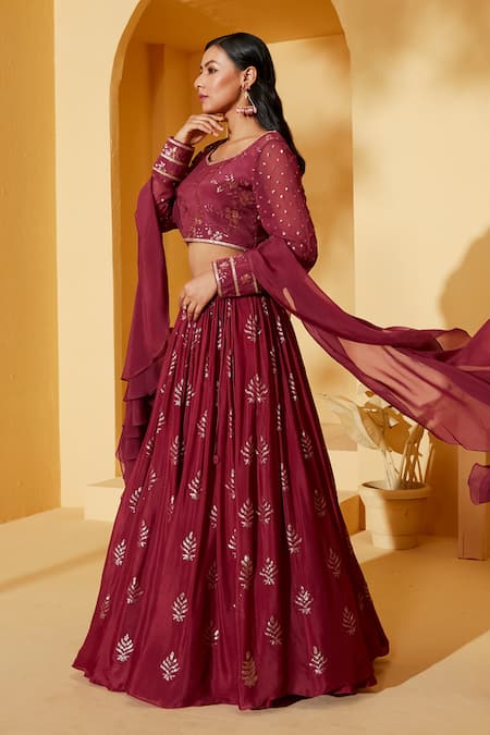 Buy_Suruchi Parakh_Maroon Organza, Georgette Embroidery V-neck Leaf Pattern Lehenga Set _Online_at_Aza_Fashions