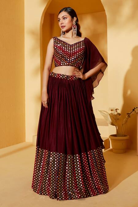 Suruchi Parakh Wine Organza, Georgette Mirrors V-neck Embroidered Lehenga Set Online at Aza Fashions Suruchi Parakh_Wine Organza, Georgette Mirrors V-neck Embroidered Lehenga Set _Online_at_Aza_Fashions