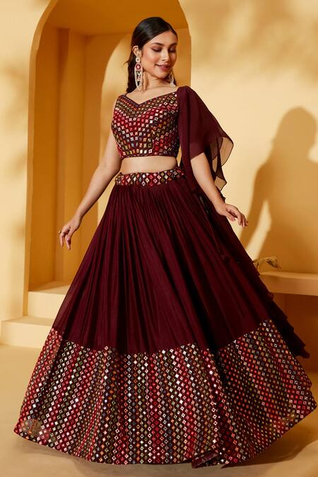 Shop Suruchi Parakh Wine Organza, Georgette Mirrors V-neck Embroidered Lehenga Set Online at Aza Fashions Shop_Suruchi Parakh_Wine Organza, Georgette Mirrors V-neck Embroidered Lehenga Set _Online_at_Aza_Fashions