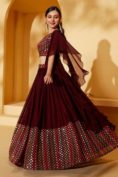 Suruchi Parakh Wine Organza, Georgette Mirrors V-neck Embroidered Lehenga Set at Aza Fashions Suruchi Parakh_Wine Organza, Georgette Mirrors V-neck Embroidered Lehenga Set _at_Aza_Fashions