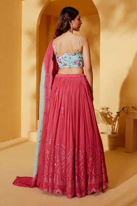 Shop Suruchi Parakh Coral Georgette, Satin Embroidery, Mirrors Sweetheart Neck Lehenga Set at Aza Fashions Shop_Suruchi Parakh_Coral Georgette, Satin Embroidery, Mirrors Sweetheart Neck Lehenga Set _at_Aza_Fashions