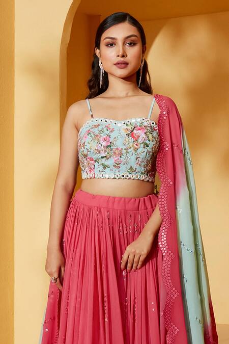 Suruchi Parakh Coral Georgette, Satin Embroidery, Mirrors Sweetheart Neck Lehenga Set Online at Aza Fashions Suruchi Parakh_Coral Georgette, Satin Embroidery, Mirrors Sweetheart Neck Lehenga Set _Online_at_Aza_Fashions
