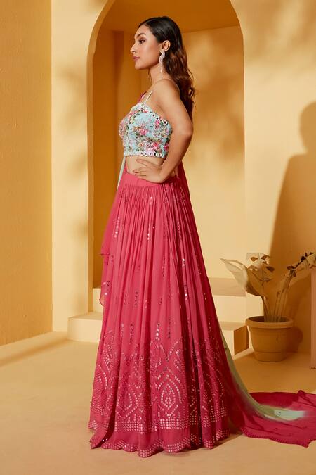 Shop Suruchi Parakh Coral Georgette, Satin Embroidery, Mirrors Sweetheart Neck Lehenga Set Online at Aza Fashions Shop_Suruchi Parakh_Coral Georgette, Satin Embroidery, Mirrors Sweetheart Neck Lehenga Set _Online_at_Aza_Fashions