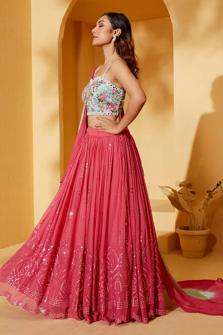 Suruchi Parakh Coral Georgette, Satin Embroidery, Mirrors Sweetheart Neck Lehenga Set at Aza Fashions Suruchi Parakh_Coral Georgette, Satin Embroidery, Mirrors Sweetheart Neck Lehenga Set _at_Aza_Fashions