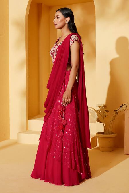 Suruchi Parakh_Pink Georgette Embroidery, Tassels Asymmetric Draped Lehenga With Cutwork Blouse _Online_at_Aza_Fashions
