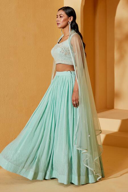 Suruchi Parakh_Green Georgette, Net Sequins V-neck Striped Lehenga Set _Online_at_Aza_Fashions