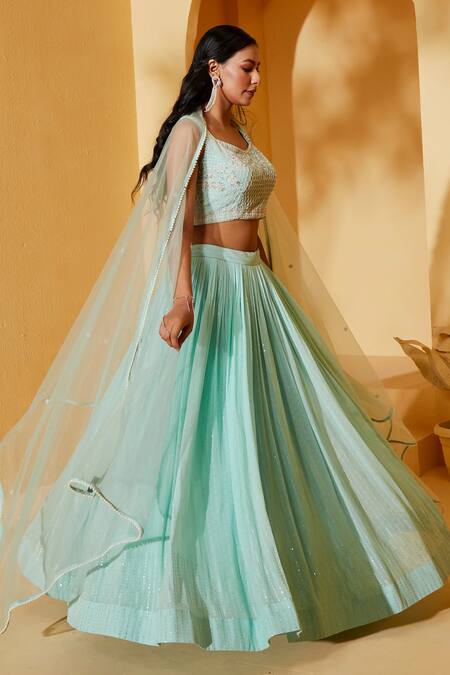 Suruchi Parakh_Green Georgette, Net Sequins V-neck Striped Lehenga Set _at_Aza_Fashions