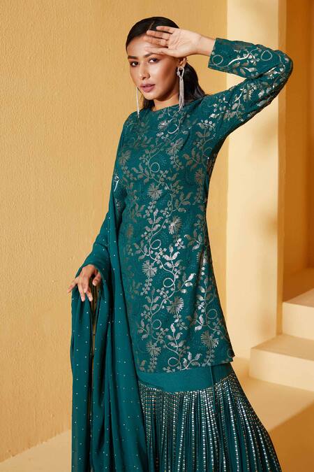 Shop_Suruchi Parakh_Green Organza, Georgette Sequins Round Neck Stripe Work Lehenga Set _Online_at_Aza_Fashions