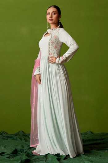 Suruchi Parakh Green Georgette, Net Embroidery Keyhole Neck Floral Anarkali With Dupatta Online at Aza Fashions Suruchi Parakh_Green Georgette, Net Embroidery Keyhole Neck Floral Anarkali With Dupatta _Online_at_Aza_Fashions