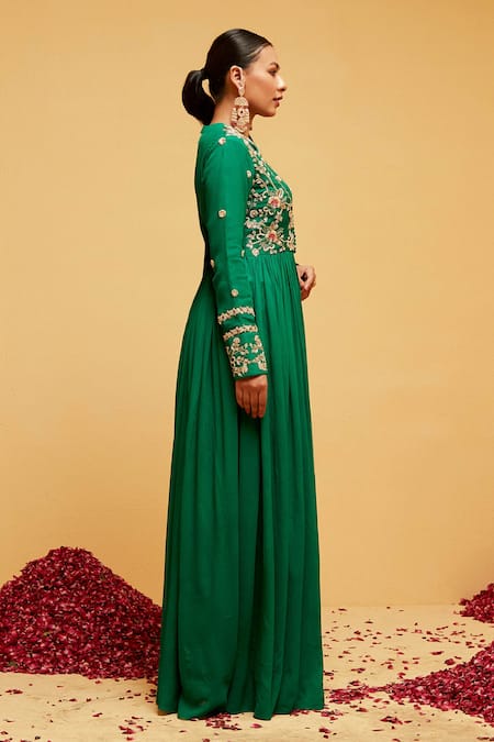 Suruchi Parakh_Green Georgette Embroidery, Zari High Neck Floral Anarkali With Dupatta _Online_at_Aza_Fashions
